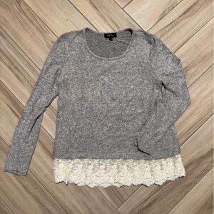 Girls Soft Gray Top with Cream Lace Trim
